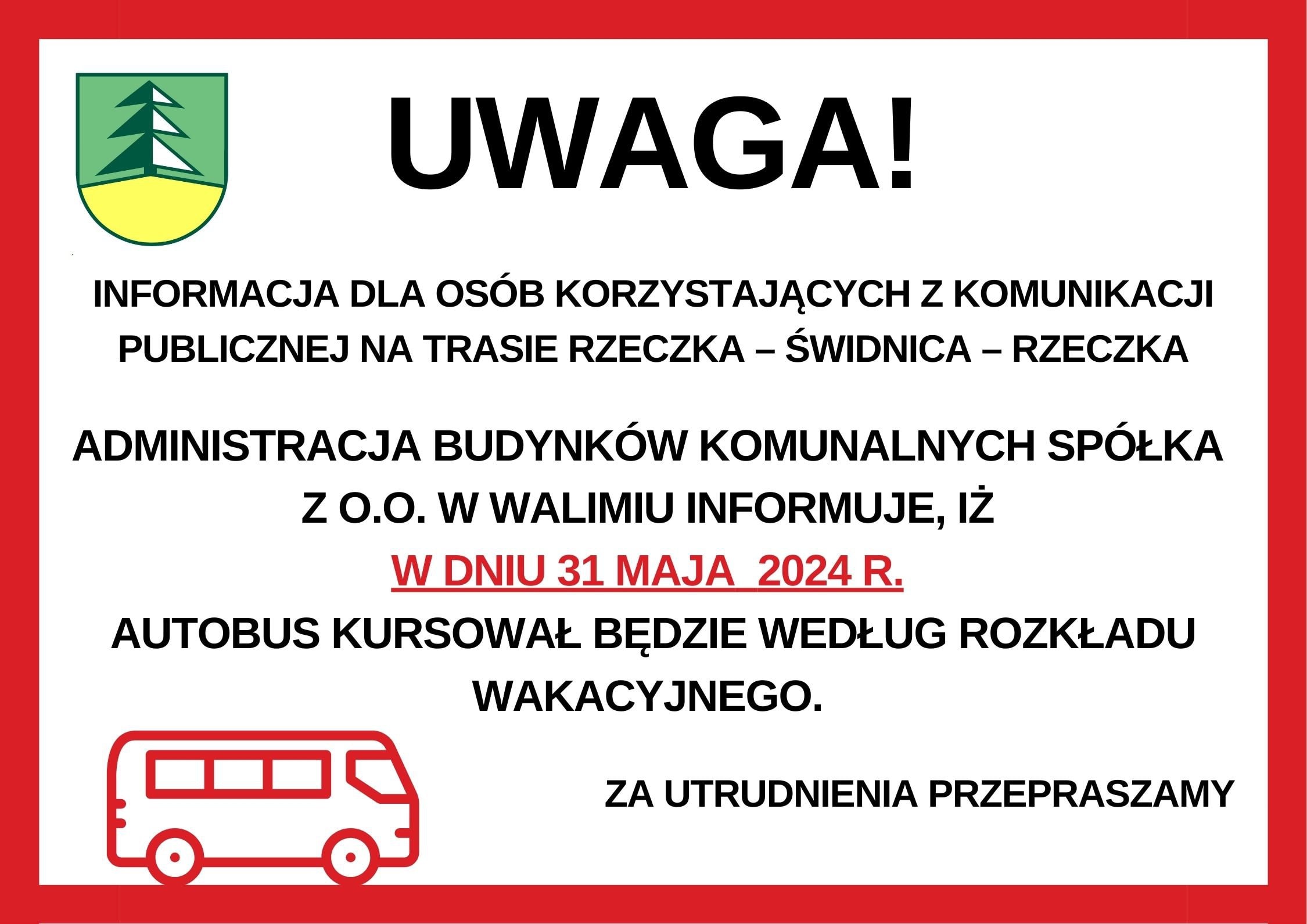 31 maja rozkład wakacyjny na trasie Rzeczka – Świdnica – Rzeczka