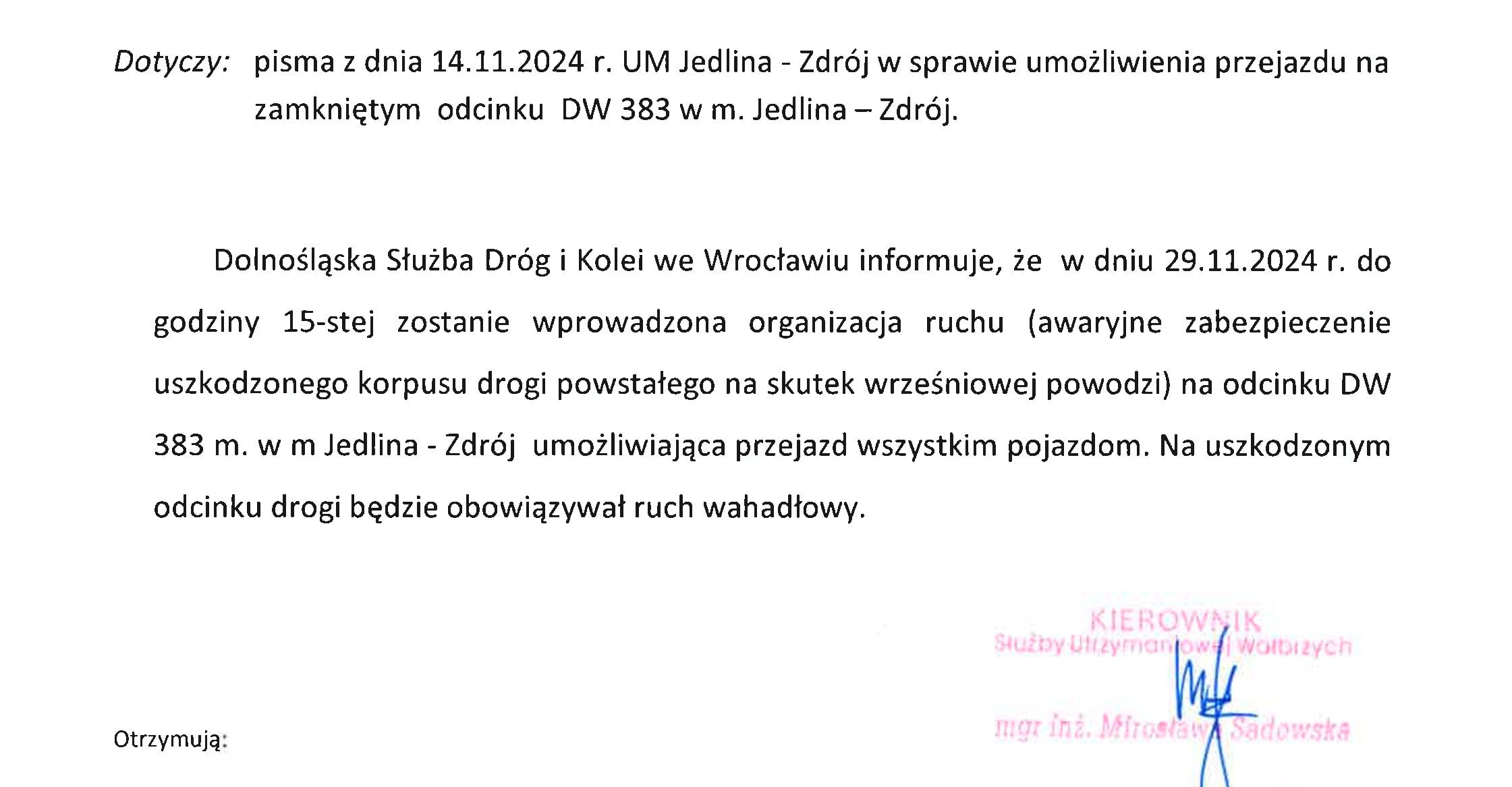 Ruch wahadłowy na drodze z Olszyńca do Jedliny Zdrój