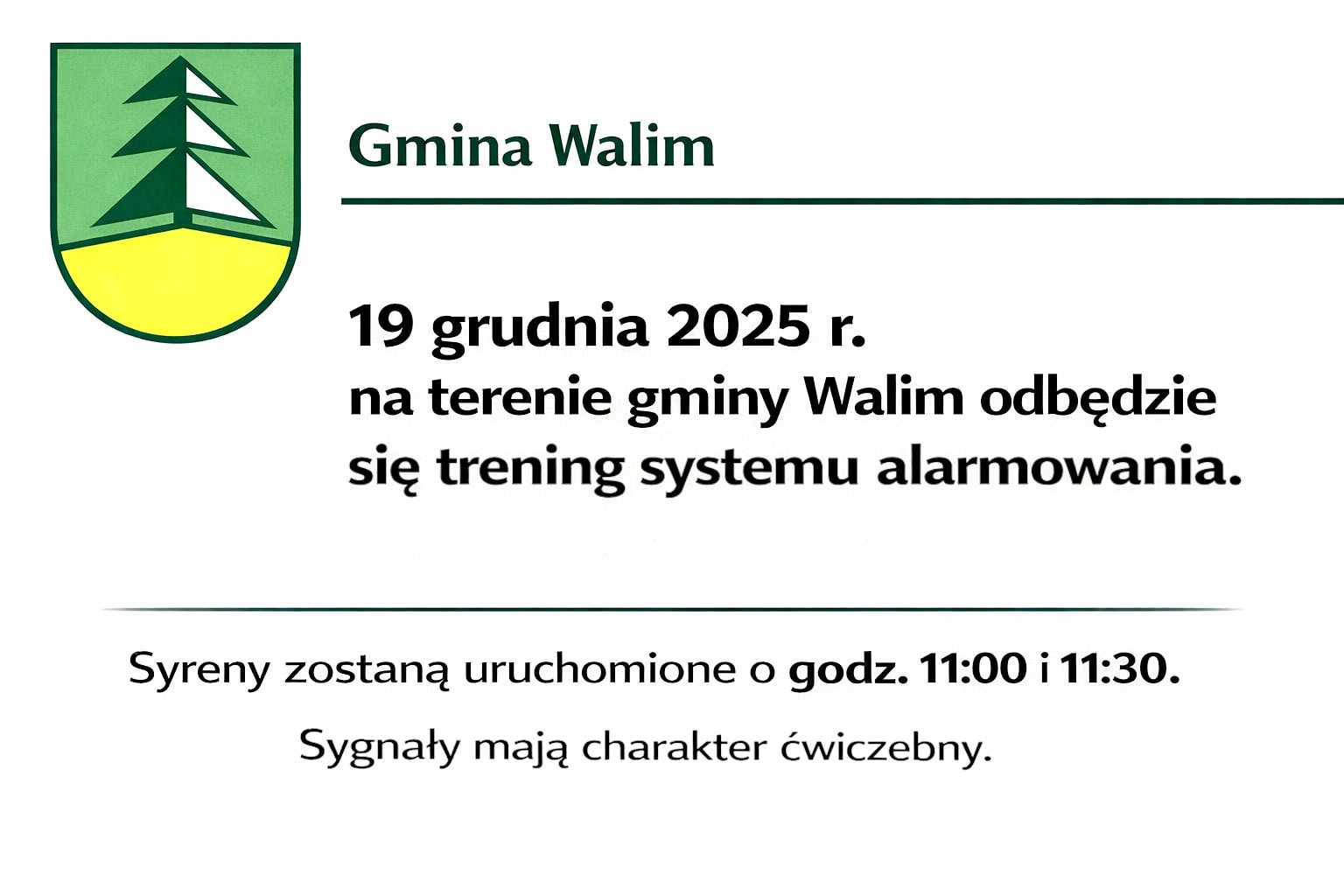 Komunikat dla mieszkańców – trening systemu ostrzegania i alarmowania 19.12.2025 r.