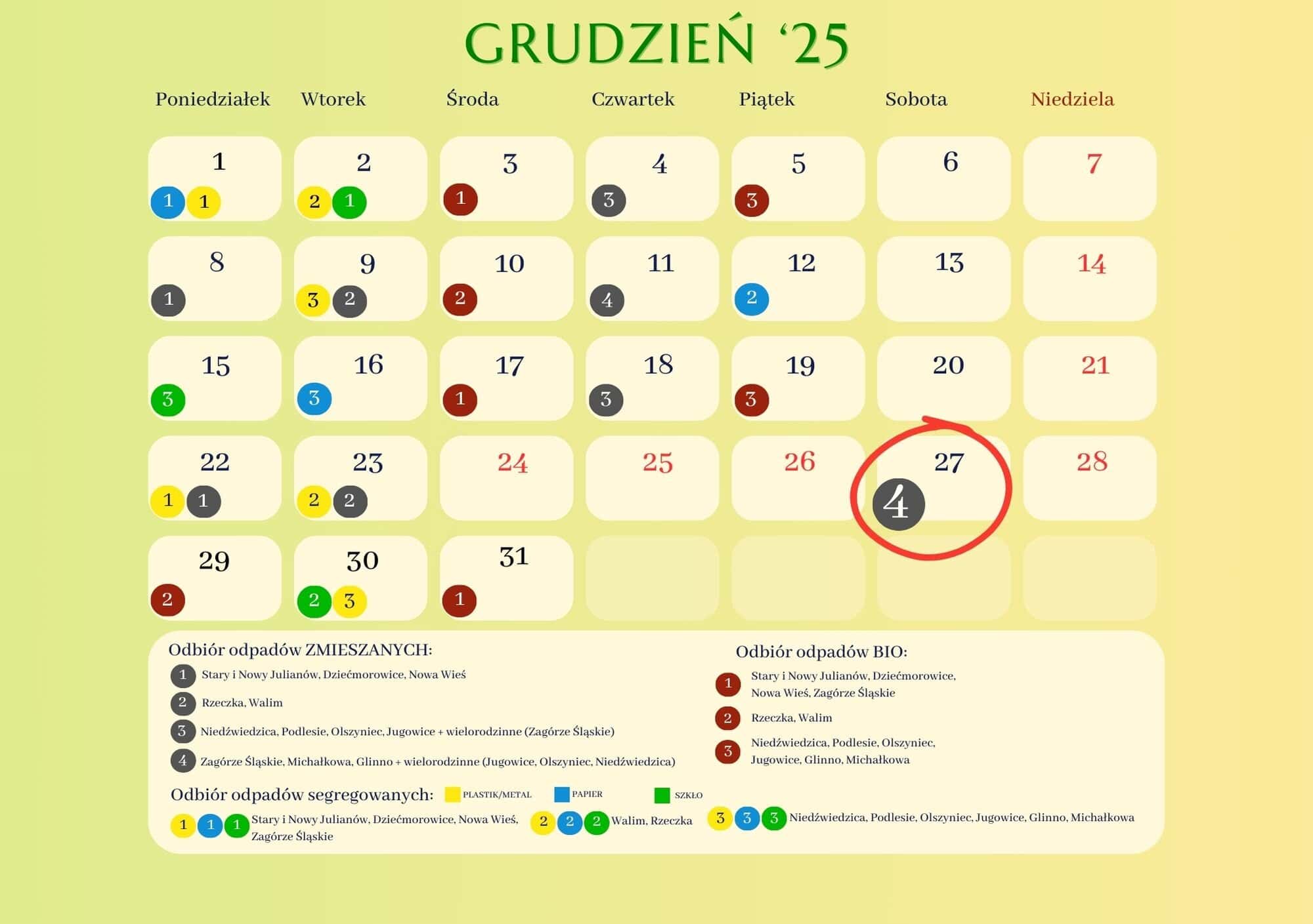 27 grudnia odbiór odpadów zmieszanych odbędzie się na trasie nr 4