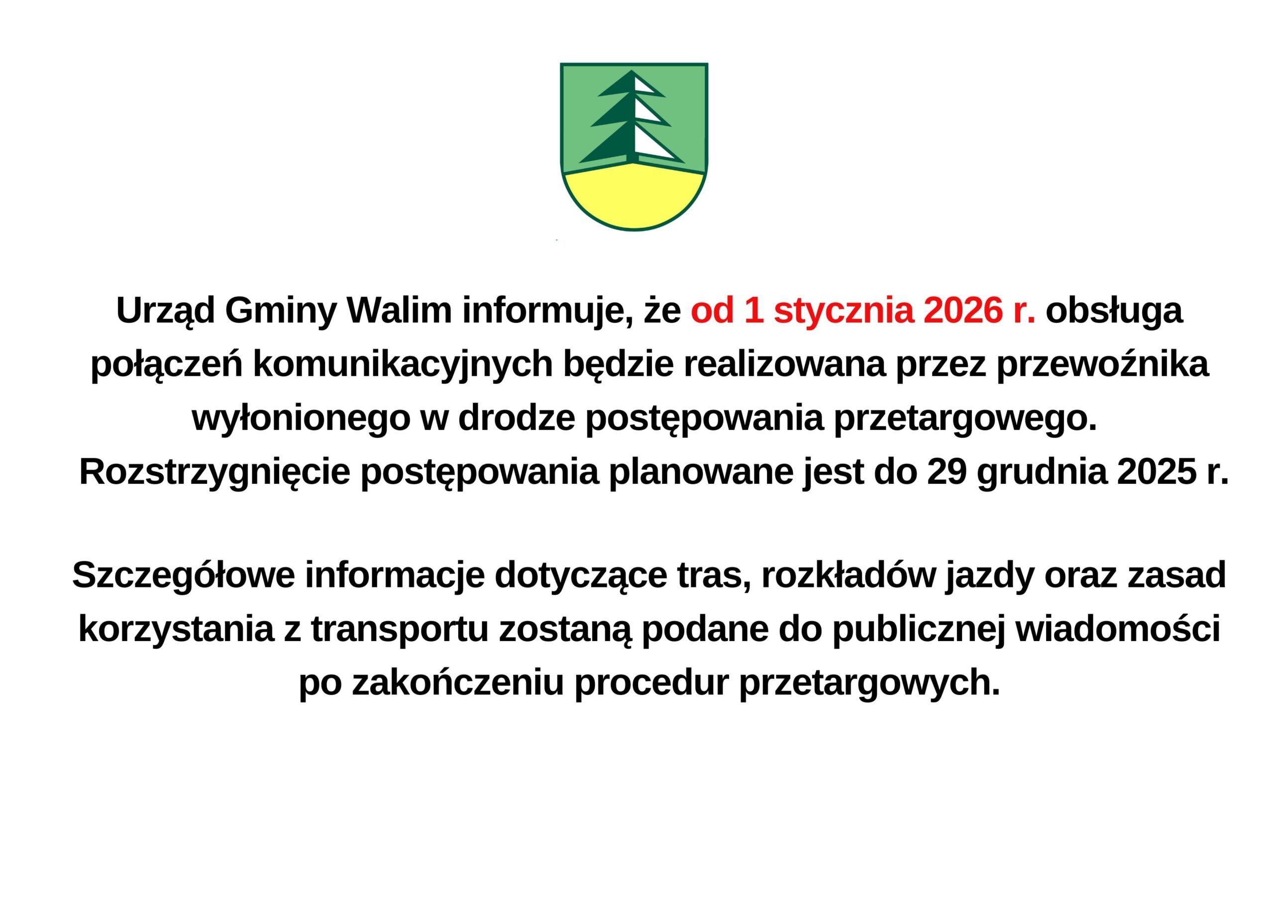 Informacja dot. komunikacji zbiorowej od 1 stycznia