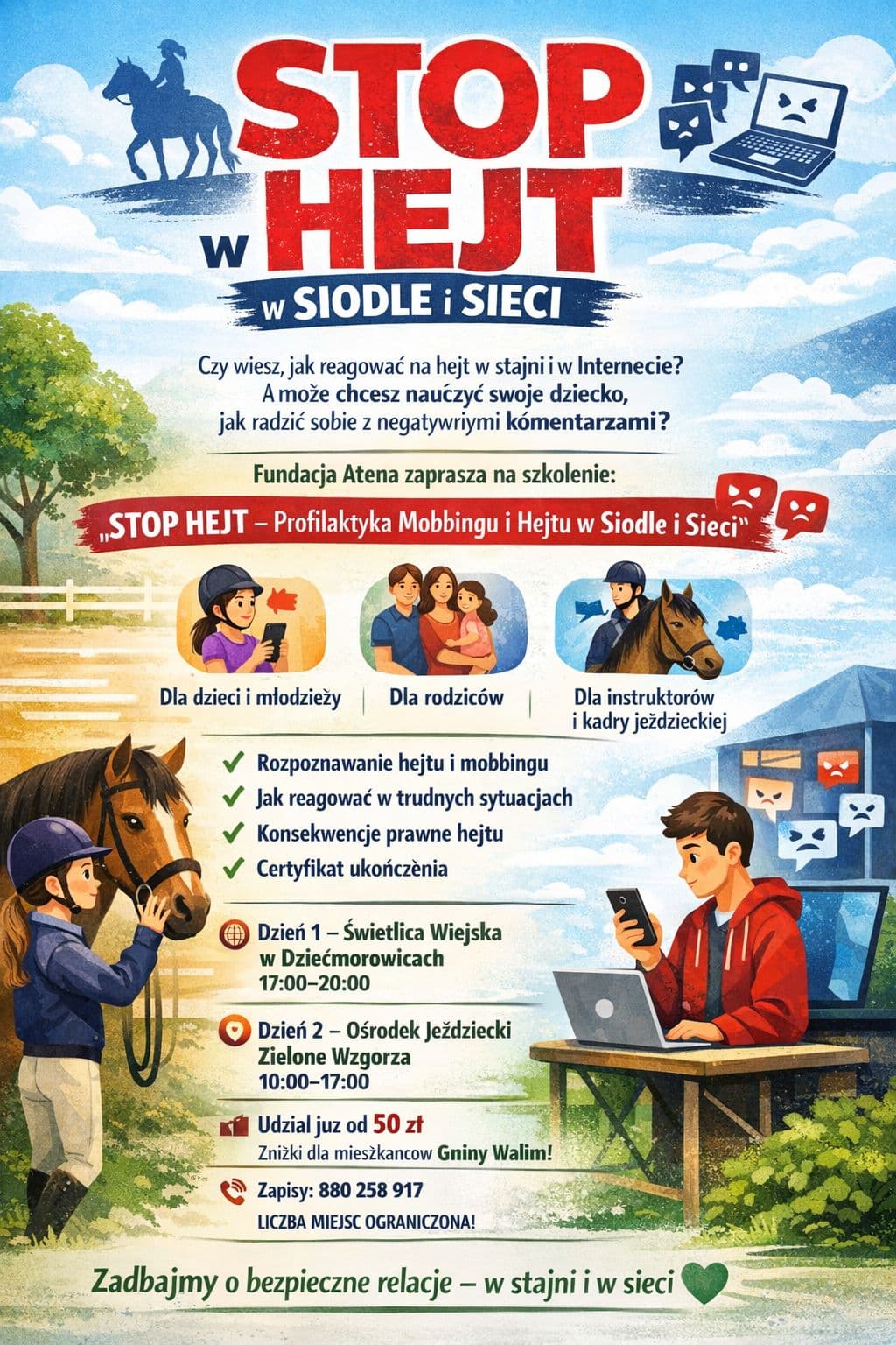 Warsztaty STOP HEJT w Stajni Zielone Wzgórza w Dziećmorowicach